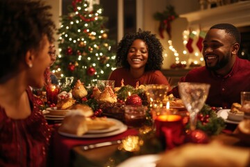 Family gathered around the dinner table for Christmas celebration with warm lighting