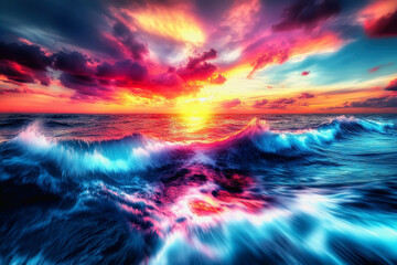 Dynamic ocean scene with vibrant sunset, swirling clouds, and crashing waves