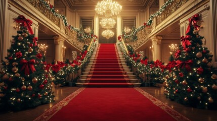 grand staircase adorned with christmas decorations including a red carpet, trees with lights and ornaments, leading to an elegant ballroom, perfect for festive events or social gatherings