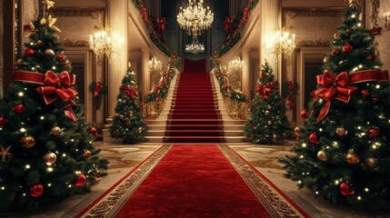 grand red carpet with gold trim and large staircases framed by decorated christmas trees and chandeliers in a luxurious palace setting, evoking a festive and royal holiday atmosphere