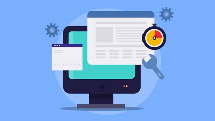 Website loading speed check, web server update and maintenance, technical SEO optimization software concept, video animation.