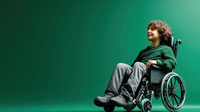 Smiling child with cerebral palsy in wheelchair with raised hands. World Cerebral Palsy (SP) Day. Disabled boy on a red background. The concept of treatment and inclusion of sick children into society