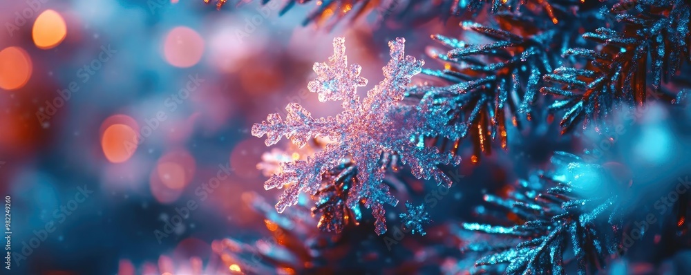 Aufkleber a close-up of a shimmering snowflake resting on vibrant evergreen branches, surrounded by colorful h