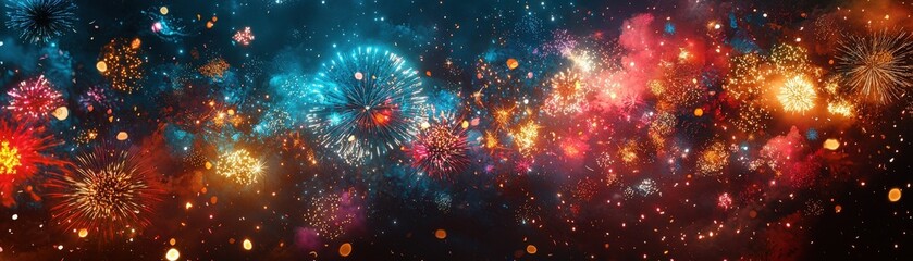 Fototapeta premium A spectacular scene of colorful fireworks bursting in vibrant pattern reds, blues, and golds illuminating the night sky, with a generous portion of dark sky left open for custom New Year messages