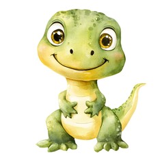 Fototapeta premium Cute Green Dinosaur Cartoon Character Watercolor Illustration