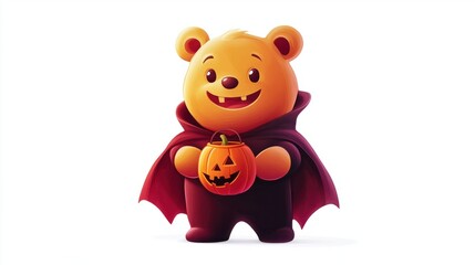 Naklejka premium A grinning gummy bear cartoon dressed as a vampire, holding a tiny pumpkin bucket, on a white background.