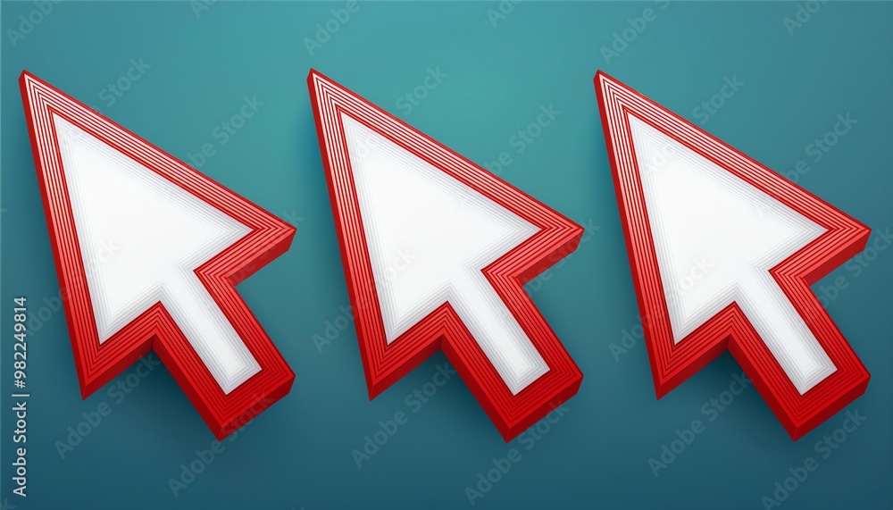 Poster three stylized red cursor arrows against a teal background, representing navigation or selection in 