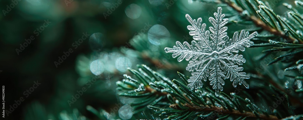 Poster a close-up of a delicate snowflake resting on evergreen branches, capturing the beauty of winter in 