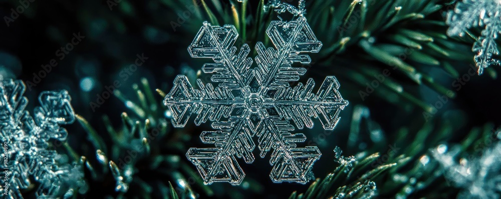 Aufkleber a close-up image of a delicate snowflake resting on evergreen branches, capturing the beauty of wint
