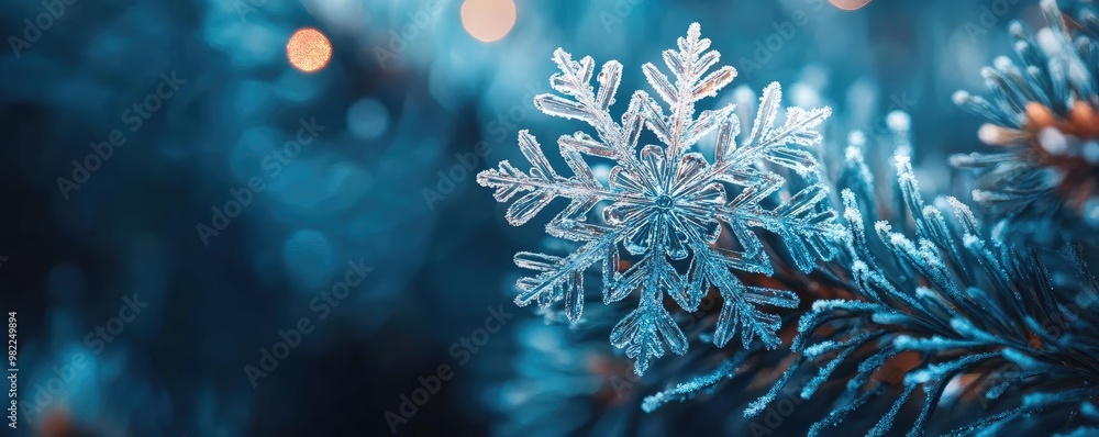 Poster a stunning close-up of a snowflake resting on a pine branch, capturing the essence of winter's beaut