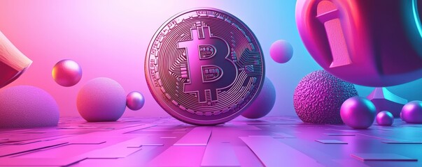 An eye-catching gradient of purple, pink, and blue hues, featuring a bold Bitcoin symbol in the center, with plenty of clean, open space surrounding it for text or additional graphics, offering a