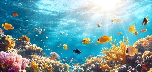 Fototapeta premium A vibrant underwater scene showcasing colorful fish swimming amidst beautiful coral reefs, illuminated by sunlight.