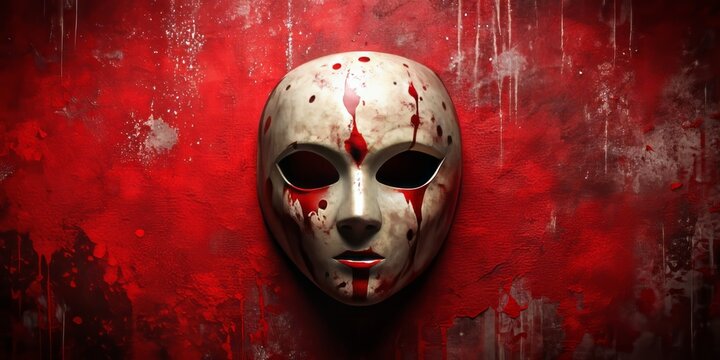 A crimson canvas serves as the backdrop for a twisted, jagged mask with razor-sharp edges, its contours emphasized