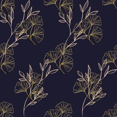 a seamless pattern with gold leaves on a dark blue background.