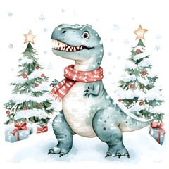 Watercolor Christmas Dinosaur with Snow and Trees