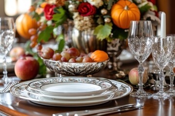 Naklejka premium thanksgiving table dcor, a sophisticated thanksgiving table adorned with fine china, silverware, and a cornucopia centerpiece, set for a joyous celebration