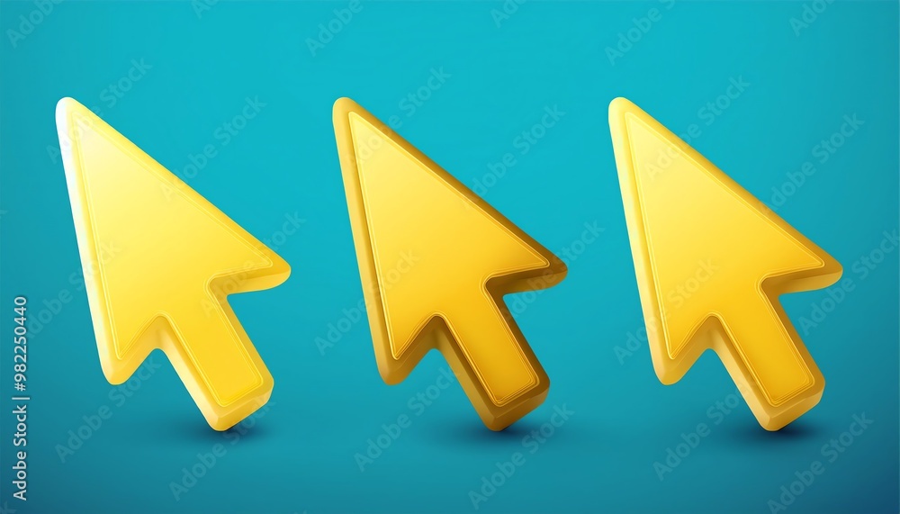 Poster three stylized yellow cursor arrows arranged in a line on a teal background, symbolizing navigation 