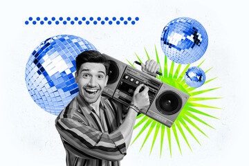 Composite photo collage of happy man hold boombox retro holiday celebration volume disco ball party...