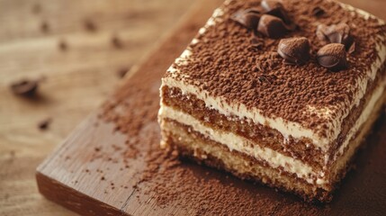 Close-up of a Tiramisu slice with cocoa and chocolate garnishes on a wooden cafe table, ready for food promotions or menu banners