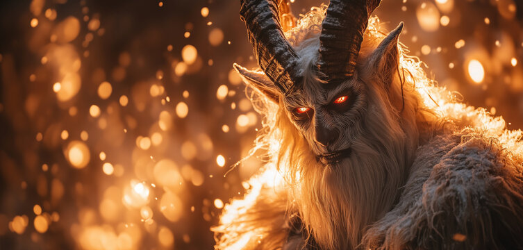 Krampus demonic figure in fiery background. Alpine folklore winter tradition concept. Pagan New Year celebration. Banner with copy space.