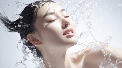 Radiant porcelain skin asian chinese woman with water splashing pouring down her makeup face for facial wash cosmetic skincare ad