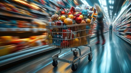 Colorful gifts and decorations in a shopping cart.