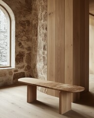 Modern Wooden Bench in Rustic Interior with Stone Wall and Wooden Paneling