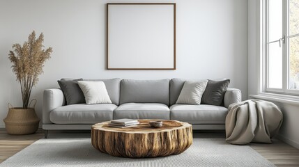 Fototapeta premium Modern Living Room with Gray Sofa, Wooden Coffee Table, and Minimalist Decor