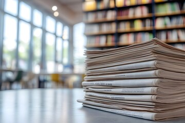 Obraz premium Stack of Newspapers on a Table in a Library
