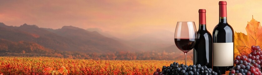 Obraz premium A serene landscape showcasing wine bottles, a glass, and grapes against a stunning sunset over vineyards.