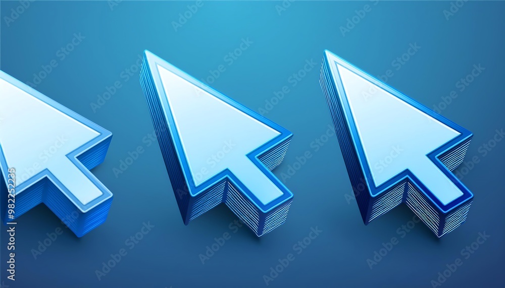 Poster three stylized blue arrow cursors on a smooth blue background, symbolizing navigation and interactiv