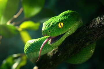 Obraz premium A vibrant green snake rests on a branch amidst lush foliage, its striking yellow eyes and flickering tongue creating a captivating scene in a serene forest setting.