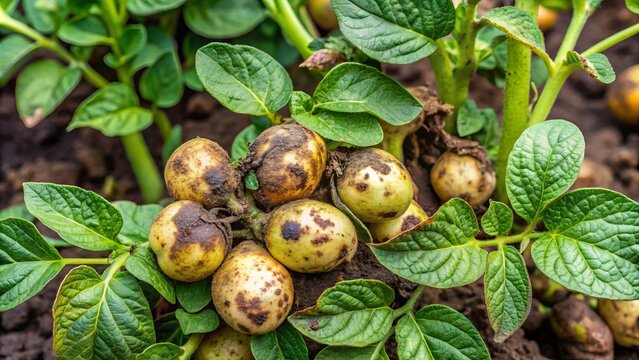 "Merging fungal growth on leaflet surfaces, blackleg lesions on tubers, and characteristic symptoms of late blight on potato plants"