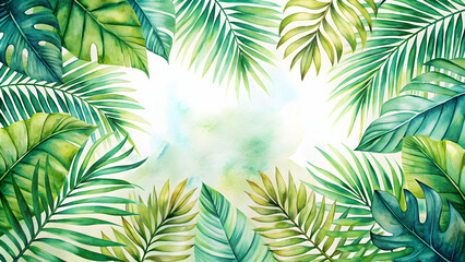 Watercolor background of tropical palm leaves, watercolor,background, tropical, palm leaves, exotic, tropical, botanical