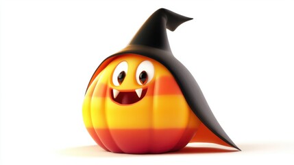 Obraz premium A spooky yet sweet candy corn cartoon character with a vampire cape and fangs, ready for Halloween, isolated on a white background.
