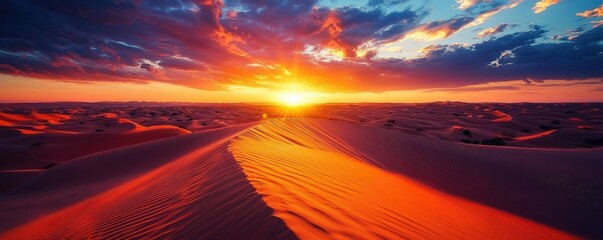 A serene sunset over an endless desert, where the golden dunes are illuminated by the setting sun, and the sky is filled with a spectacular blend of warm colors, creating a peaceful and breathtaking