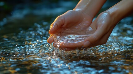 Fototapeta premium A close-up of hands carefully collecting water from a calm river, the fingers slightly cupped and the water shimmering as it trickles through, highlighting the peaceful interaction with the natural