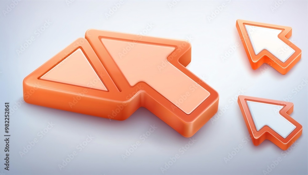 Poster abstract representation of orange arrow cursors, suitable for web design, technology, or navigation 
