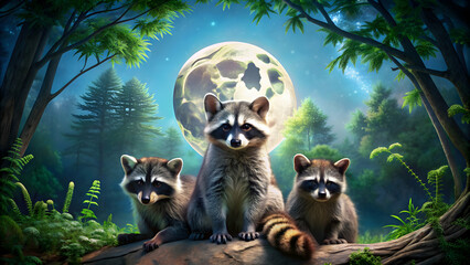 Obraz premium Playful racoons under the full moon in the forest, raccoons, moon, night, wildlife, animals, nature, playful, forest