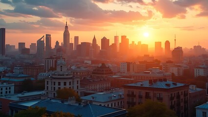 Fototapeta premium A city skyline during golden hour bathed in warm sunlight creates a breathtaking view, highlighting the beauty of urban architecture and the charm of evening light.