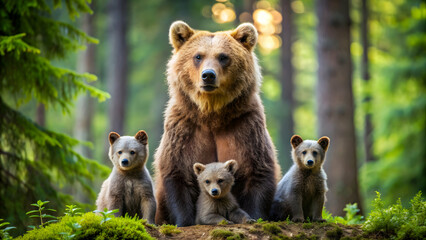 Obraz premium Protective mama bear watching over her cubs in the forest, mother, bear, protective, wildlife, nature, family, love, care, woods