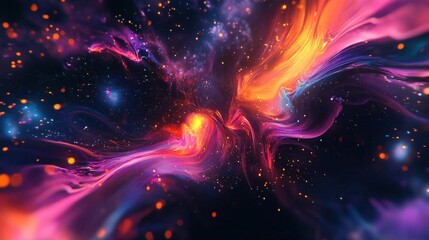 Abstract cosmic background with swirling colors and glowing particles.