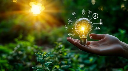 Hand Holding a Lit Lightbulb with Hand-Drawn Ideas Surrounding It in a Green Nature Setting