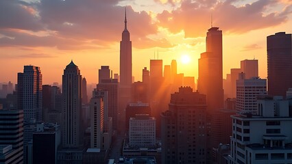 Fototapeta premium A city skyline during golden hour bathed in warm sunlight creates a breathtaking view, highlighting the beauty of urban architecture and the charm of evening light.