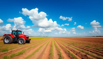Obraz premium Red Tractor in a Field of Green Rows Under a Blue Sky