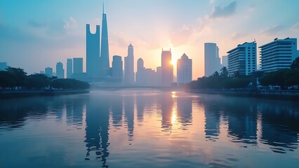 Fototapeta premium A city skyline reflecting on a calm river at dawn offers a serene and picturesque view, showcasing the tranquil beauty of urban life as the day begins.