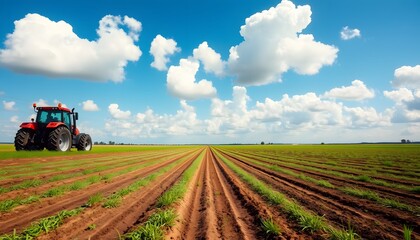 Red Tractor in a Field of Green Crops with a Blue Sky and White Clouds