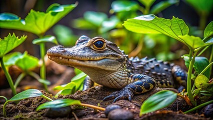 Naklejka premium A diminutive alligator rests peacefully on the soil, cradled by a vibrant tangle of greenery, its youth and