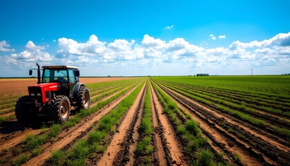Red Tractor in a Field of Green Crops Under a Blue Sky