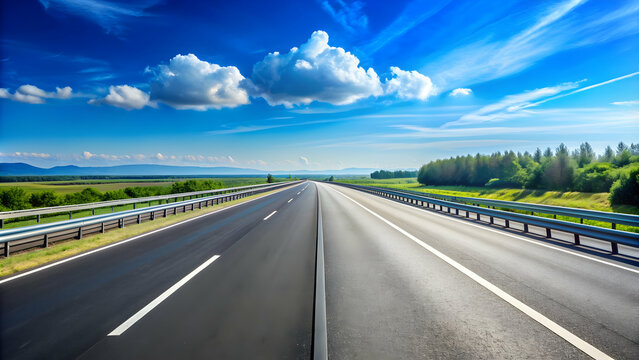 Empty highway with no cars and clear blue sky in the background, deserted, open road, freeway